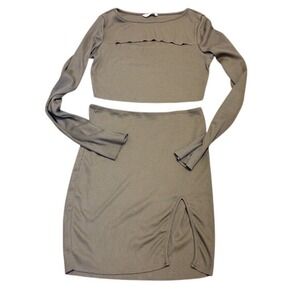 Romwe Ribbed Two Piece Set Olive Brown Crop Top Cutout Mini Skirt Slit Size M